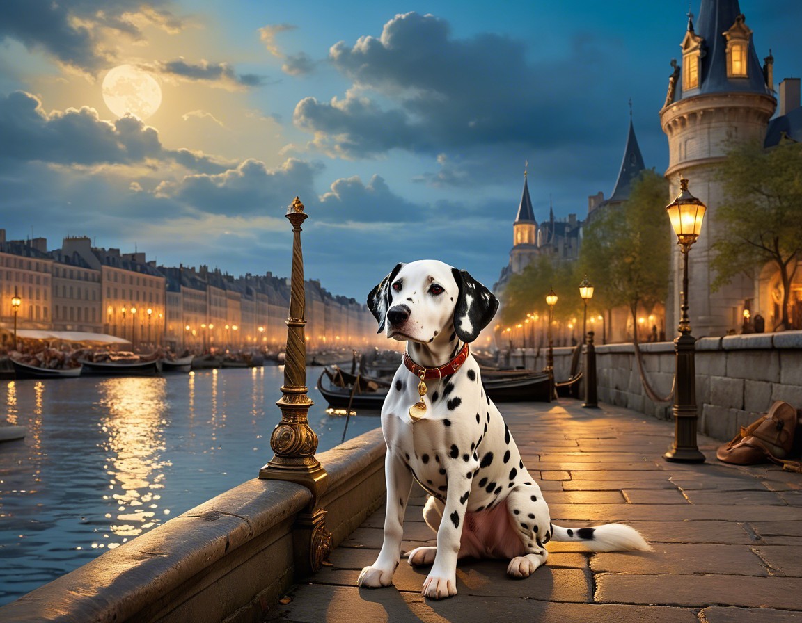 Dalmatian by Waterfront at Dusk with Moonlight