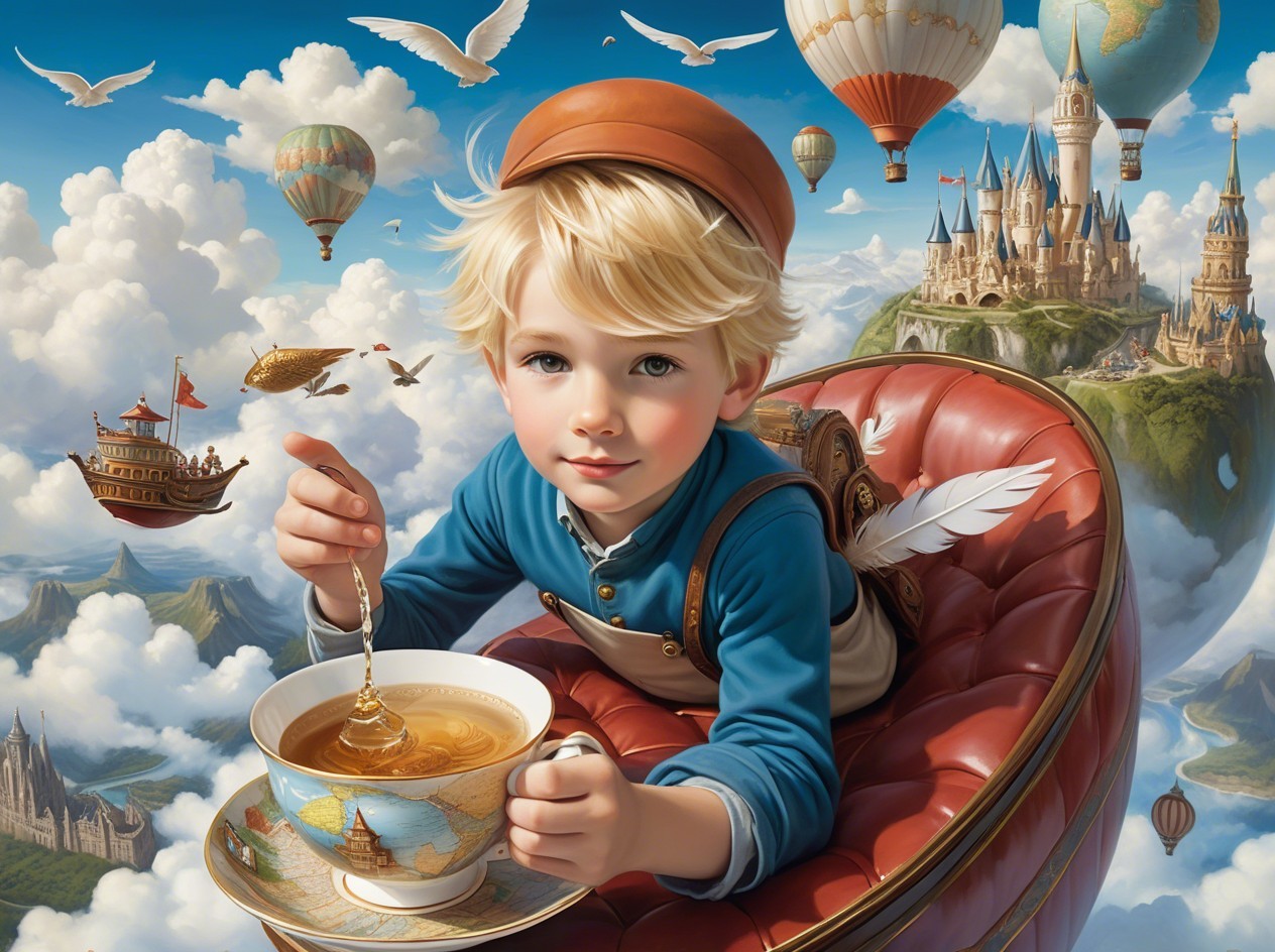 Young Boy in Whimsical Setting with Teacup and Chair