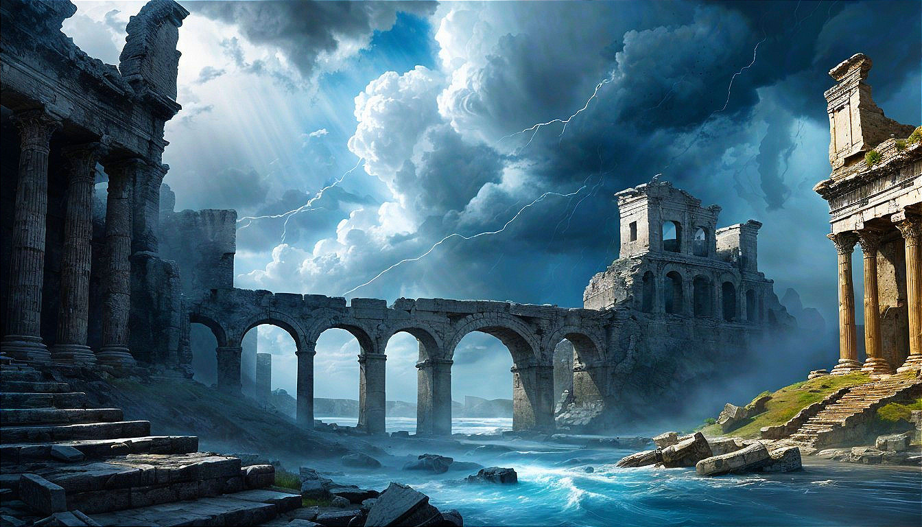 Dramatic Landscape with Ancient Ruins and Stormy Sea