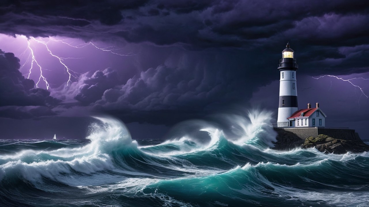 Lighthouse Resilient Against Stormy Ocean Scene