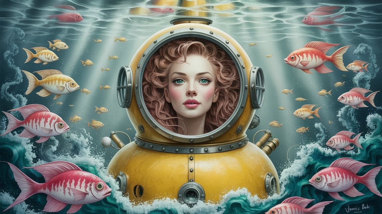 Underwater Scene with Woman in Vintage Diving Suit