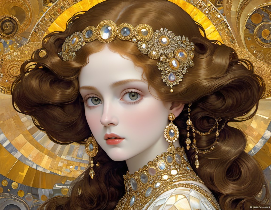 Young Woman with Jewel-Studded Headpiece and Gold Background