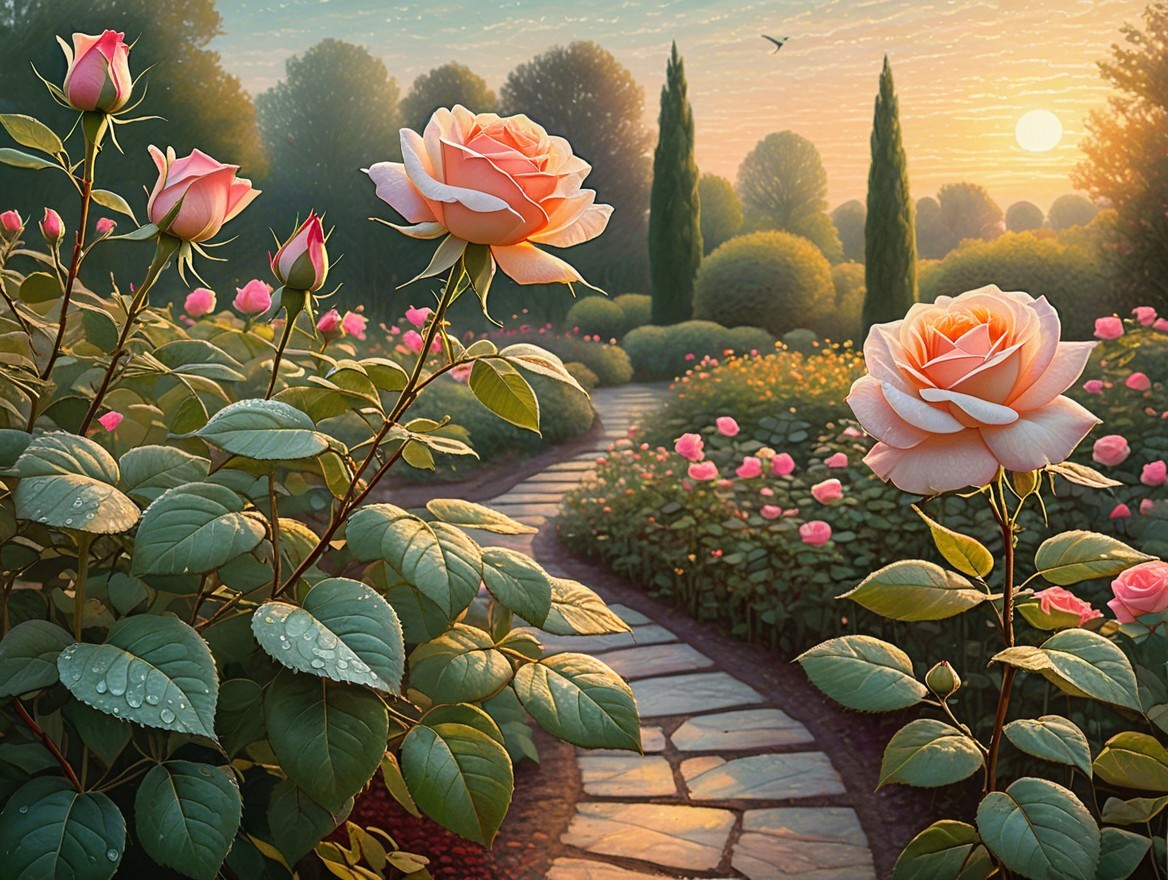 Serene garden at dawn with blooming roses and mist