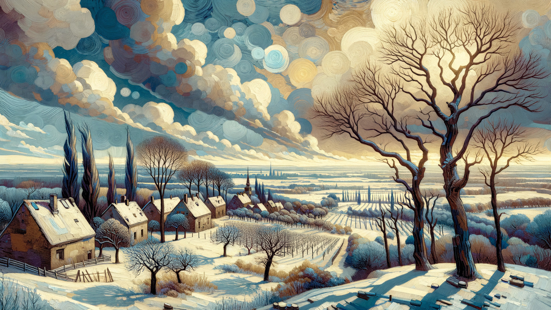 Serene Winter Landscape with Cottages and Trees