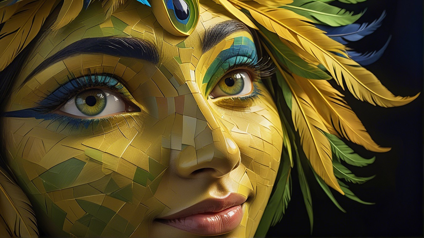 Vibrant Portrait of Woman with Mosaic Skin and Feathers