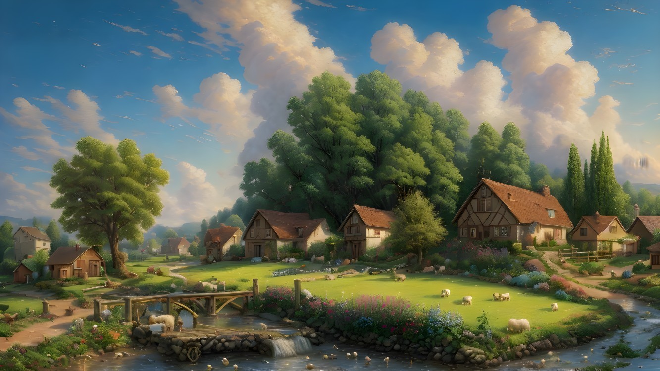 Serene Countryside Landscape with Quaint Houses and Stream