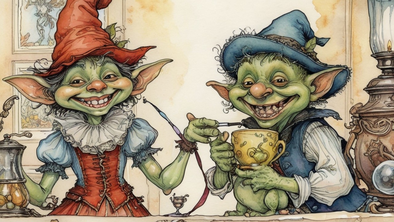 Cheerful Goblins in Whimsical Setting with Teacup