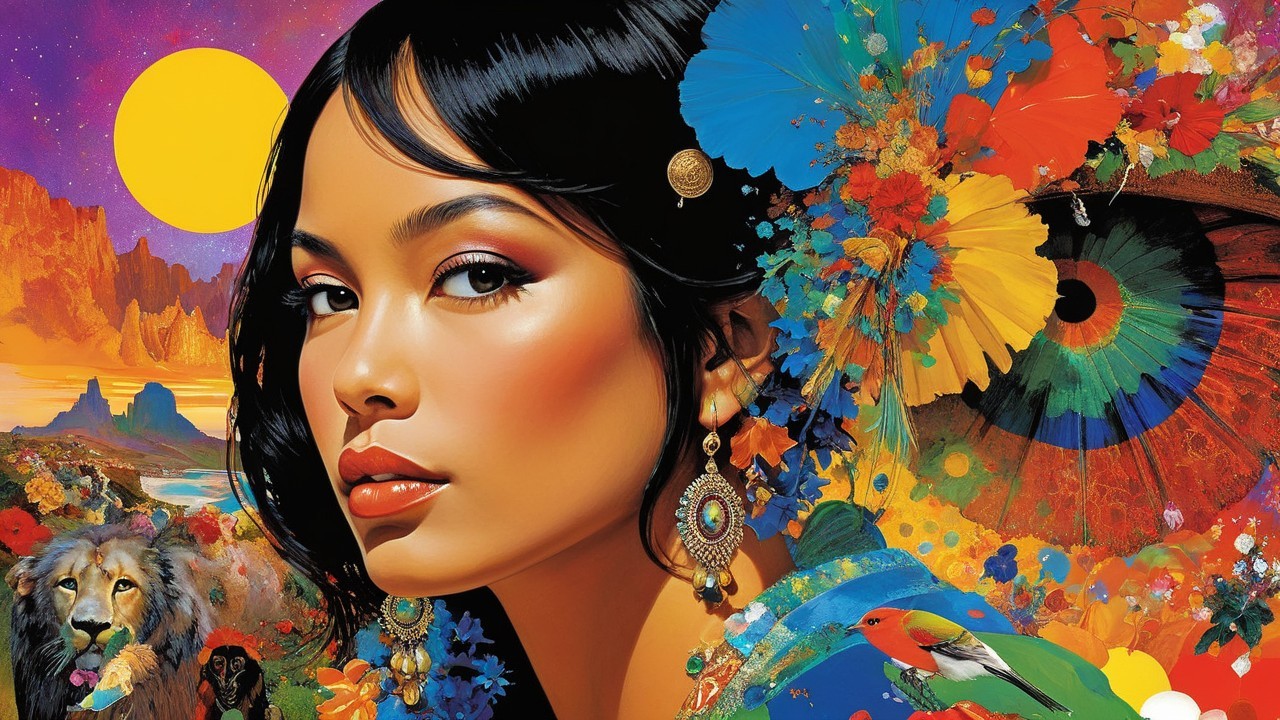 Portrait of a woman with vibrant makeup and floral designs