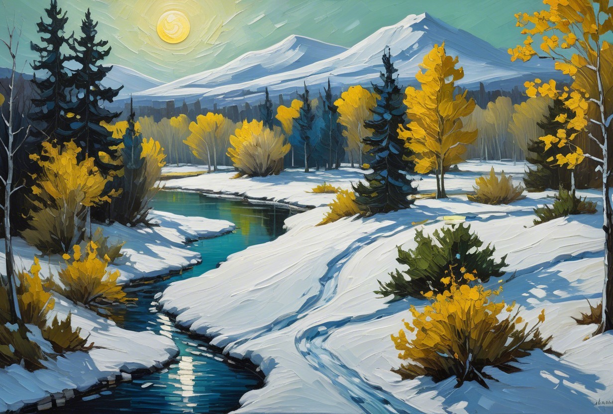 Serene Winter Landscape with Snow and Autumn Leaves