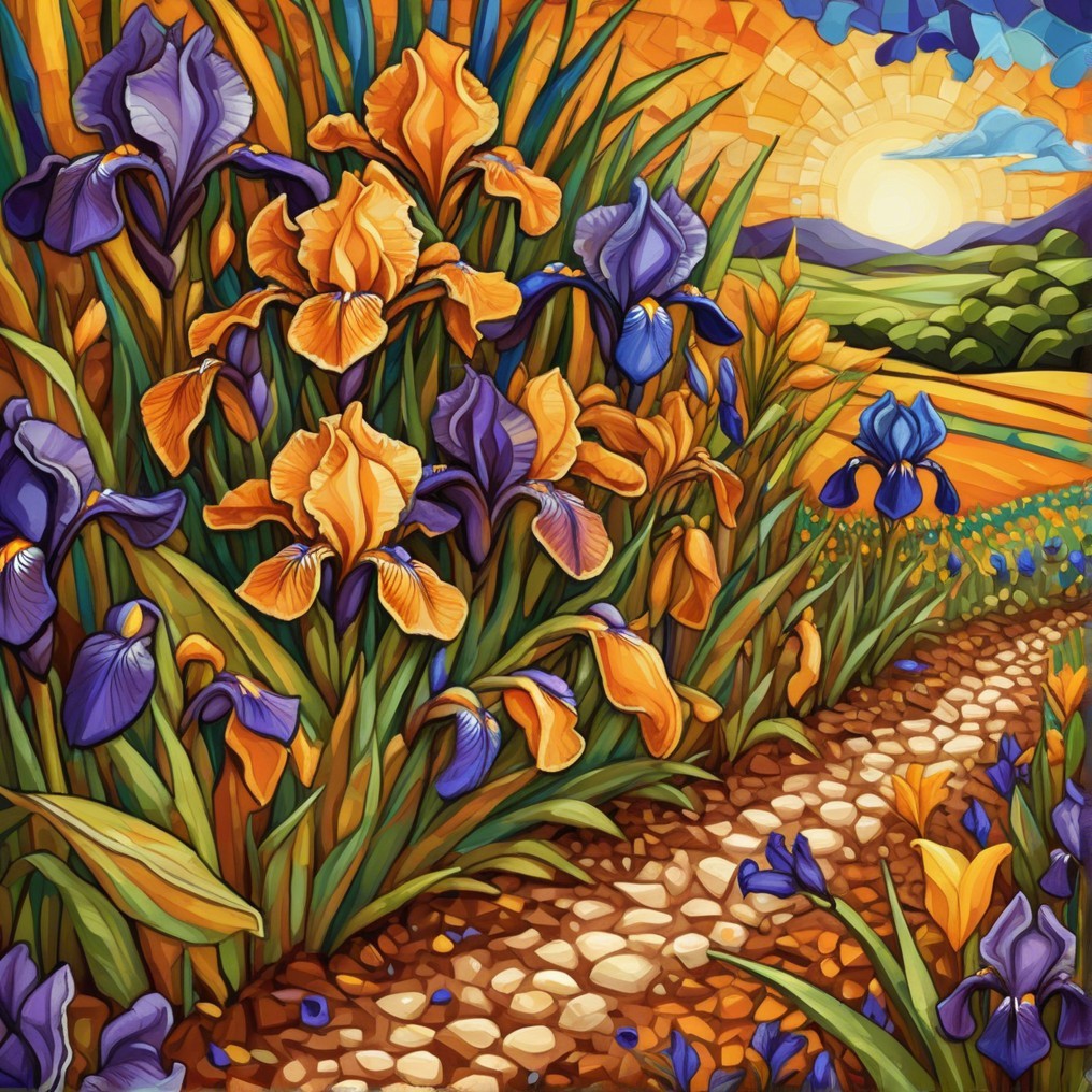 Vibrant Landscape of Blooming Irises at Sunrise