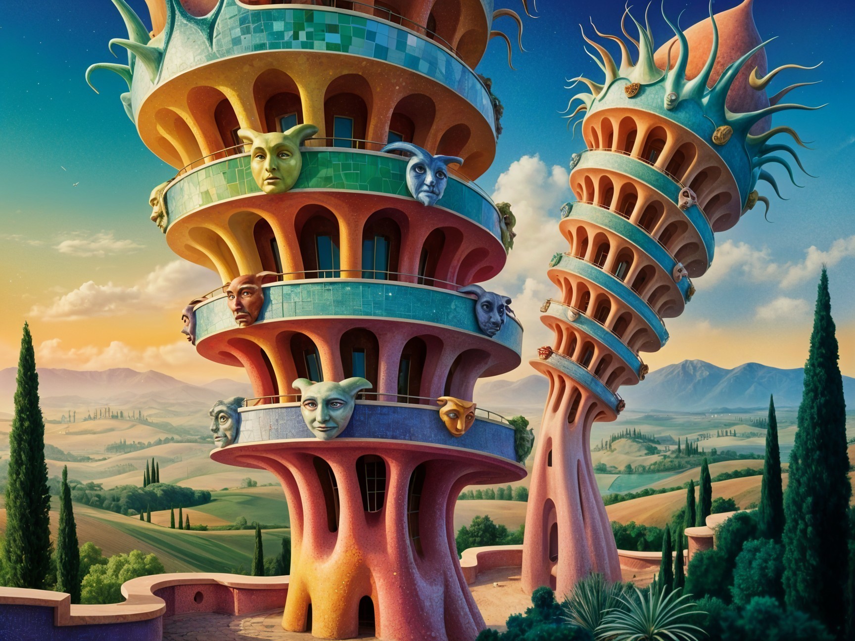 Surreal Landscape with Whimsical Towers and Colors