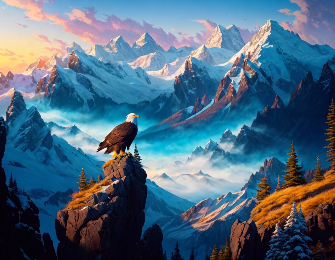 Bald Eagle Overlooks Snowy Mountain Landscape at Sunset