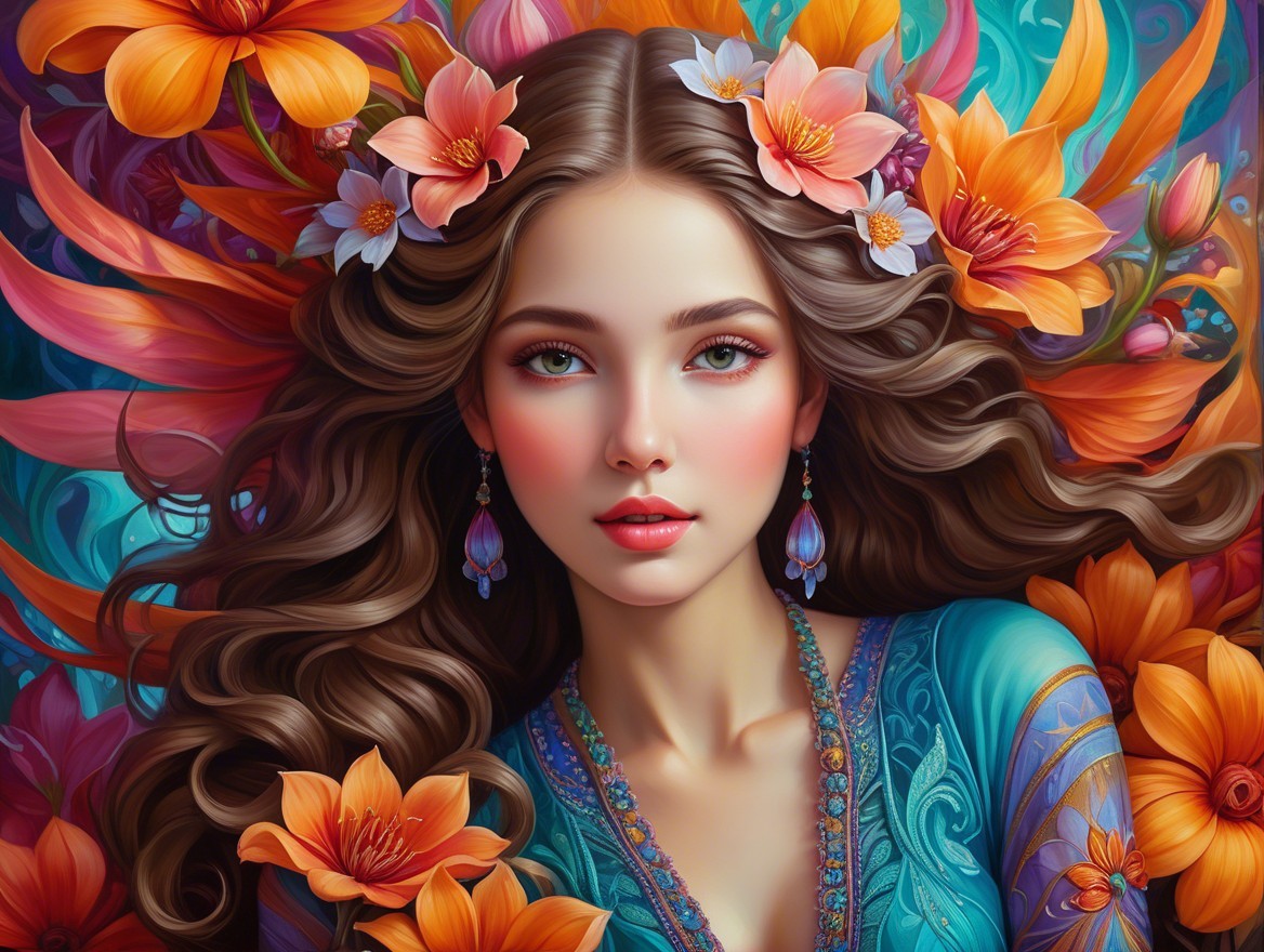 Portrait of a woman with wavy hair and flowers