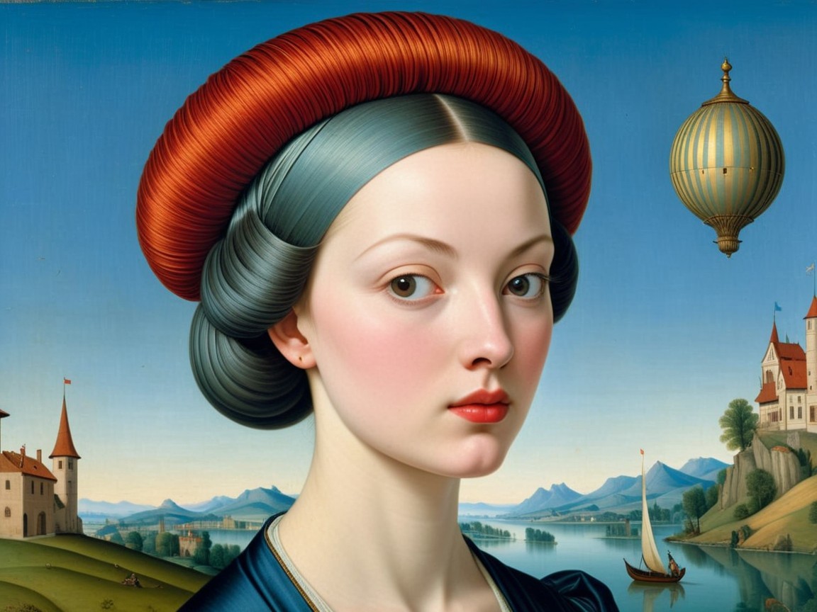 Portrait of a Young Woman in Blue with Fantasy Background