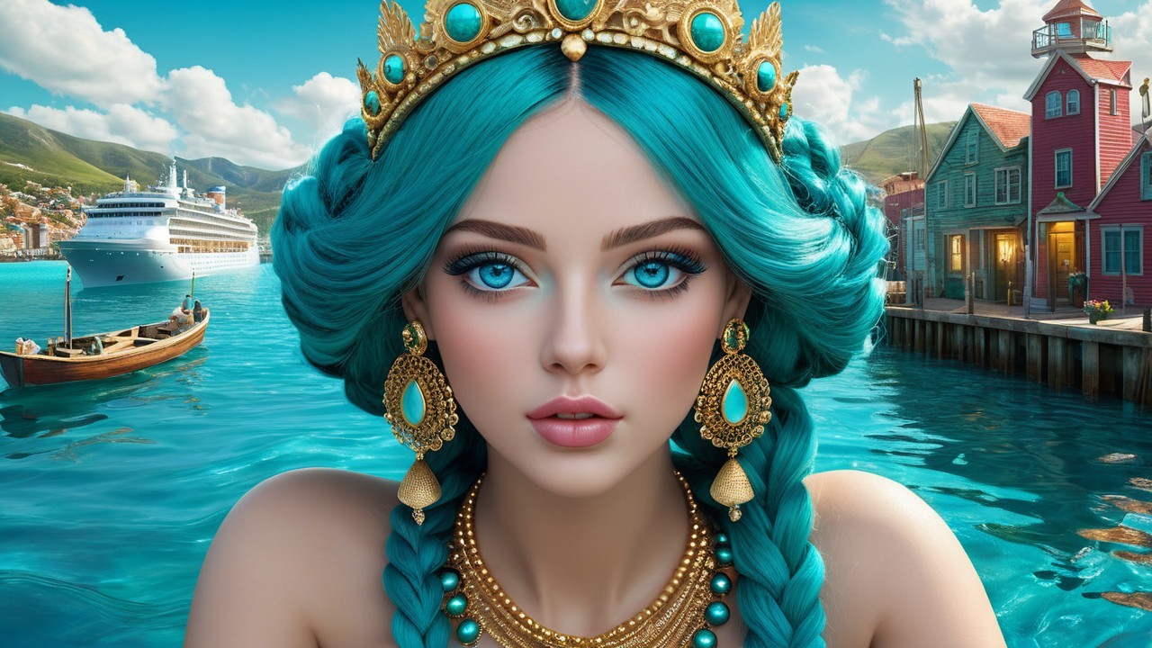 Young woman with turquoise hair and golden crown