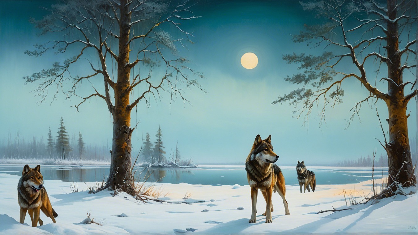 Wolves in Winter Landscape by Frozen Lake and Moon
