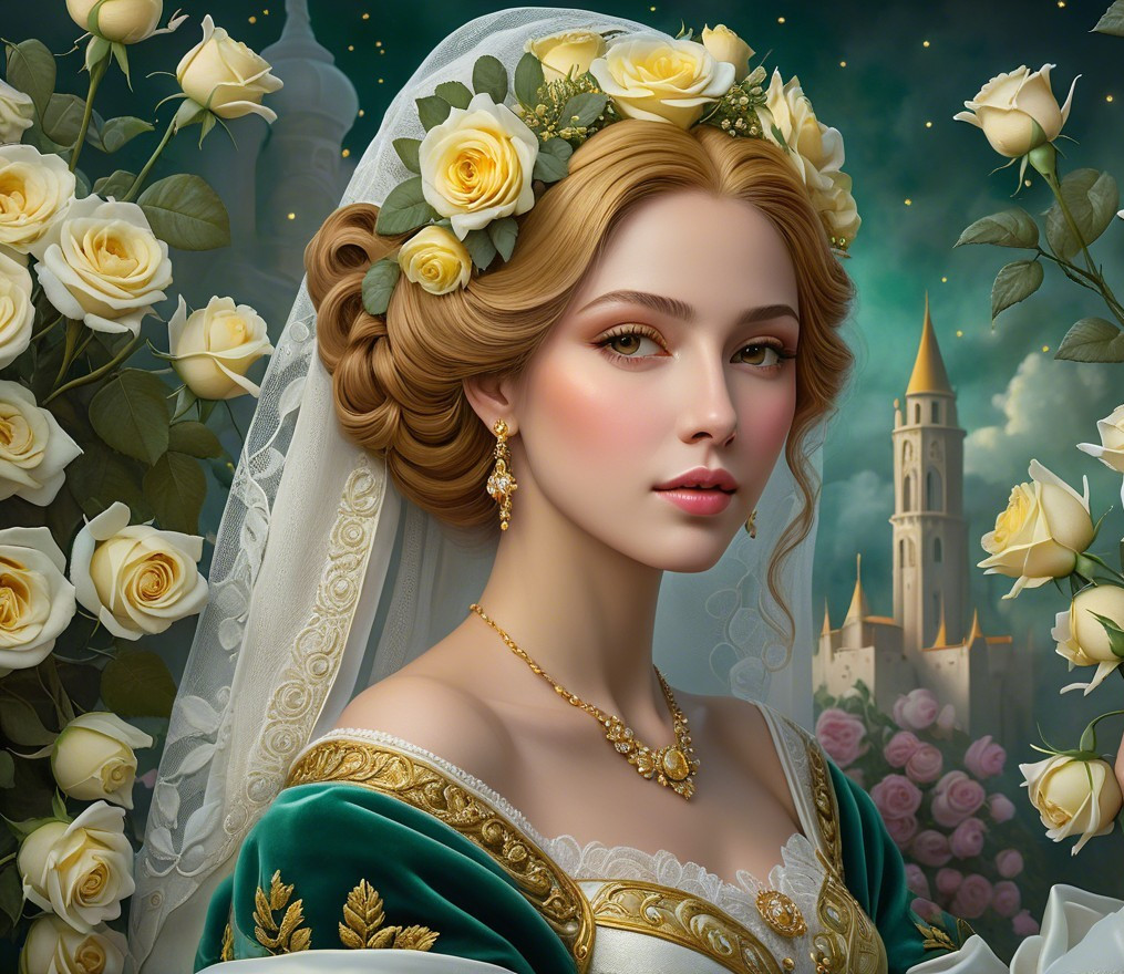 Regal Woman in Green Gown Among Roses and Castles
