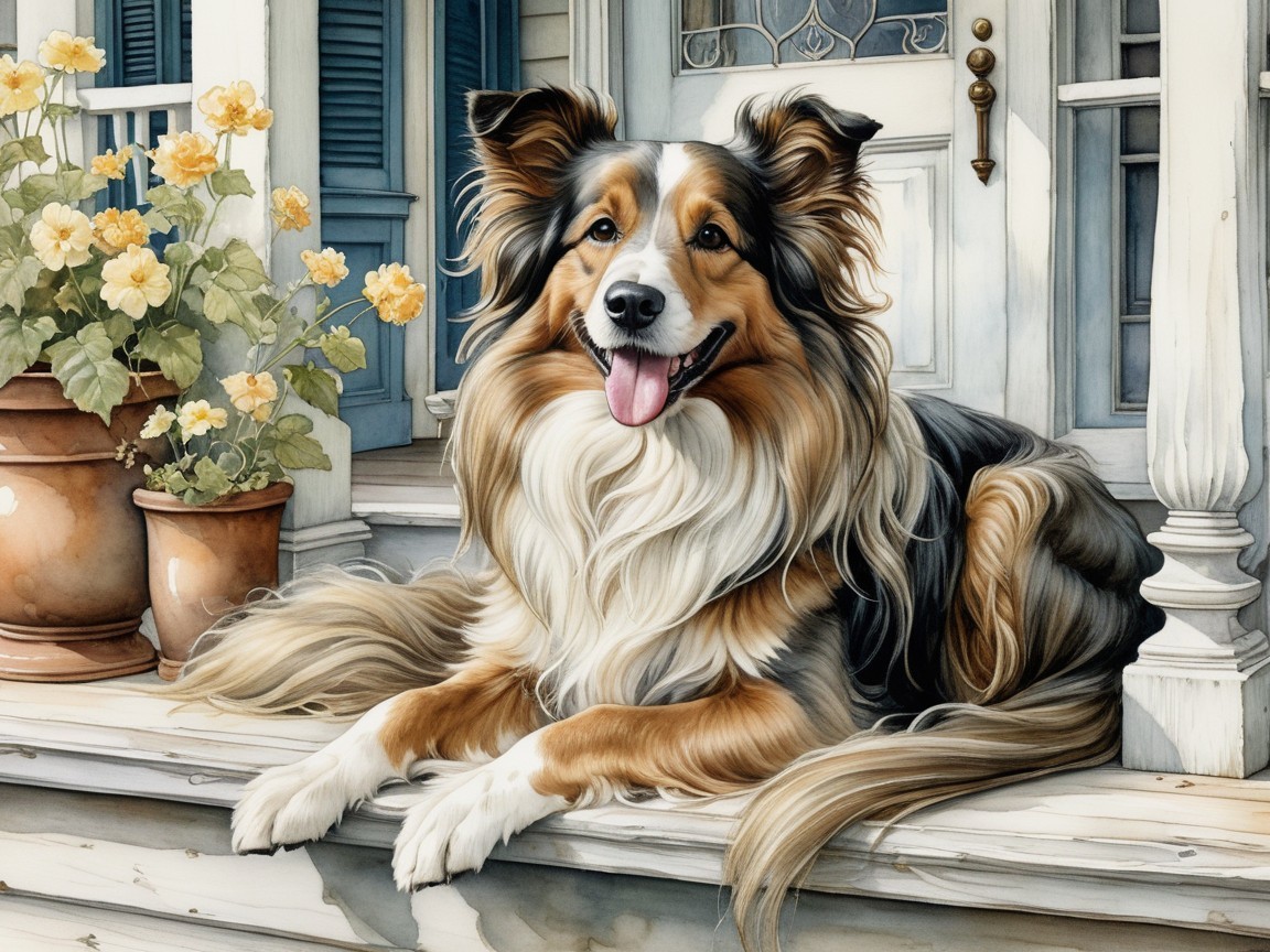 Fluffy Tri-Color Dog Relaxing on House Steps