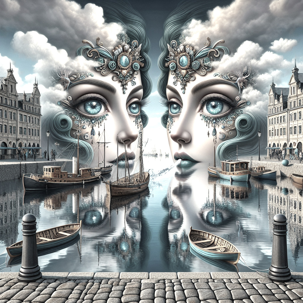 Surreal Scene of Ethereal Faces and Harbor Reflection