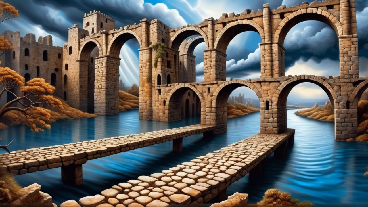 Majestic Stone Bridge Over Tranquil River Landscape