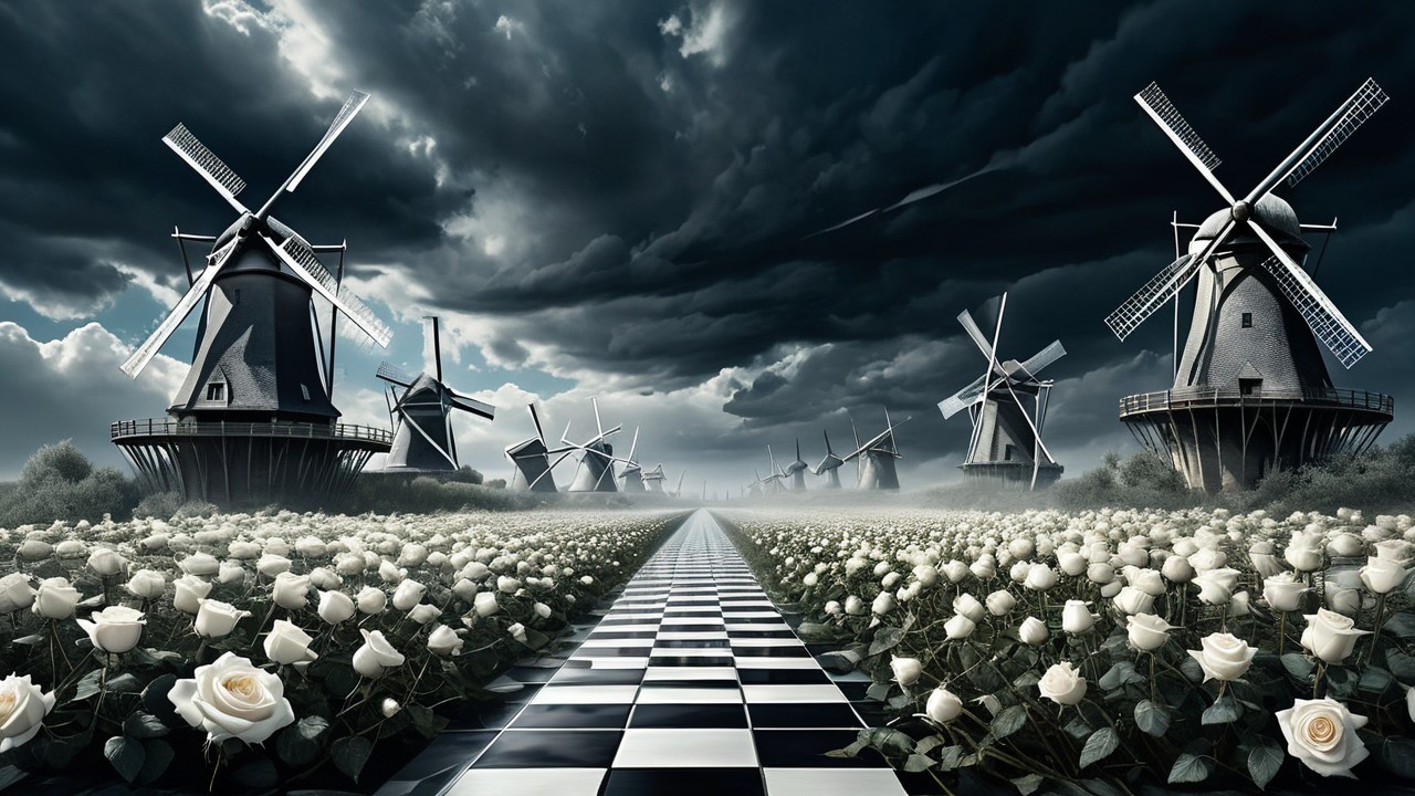 Surreal Landscape with Windmills and White Roses