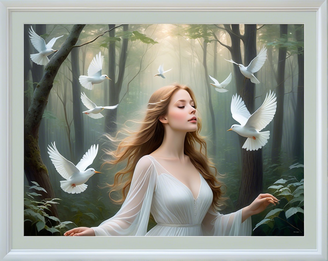 Serene Woman in White Dress Surrounded by Doves