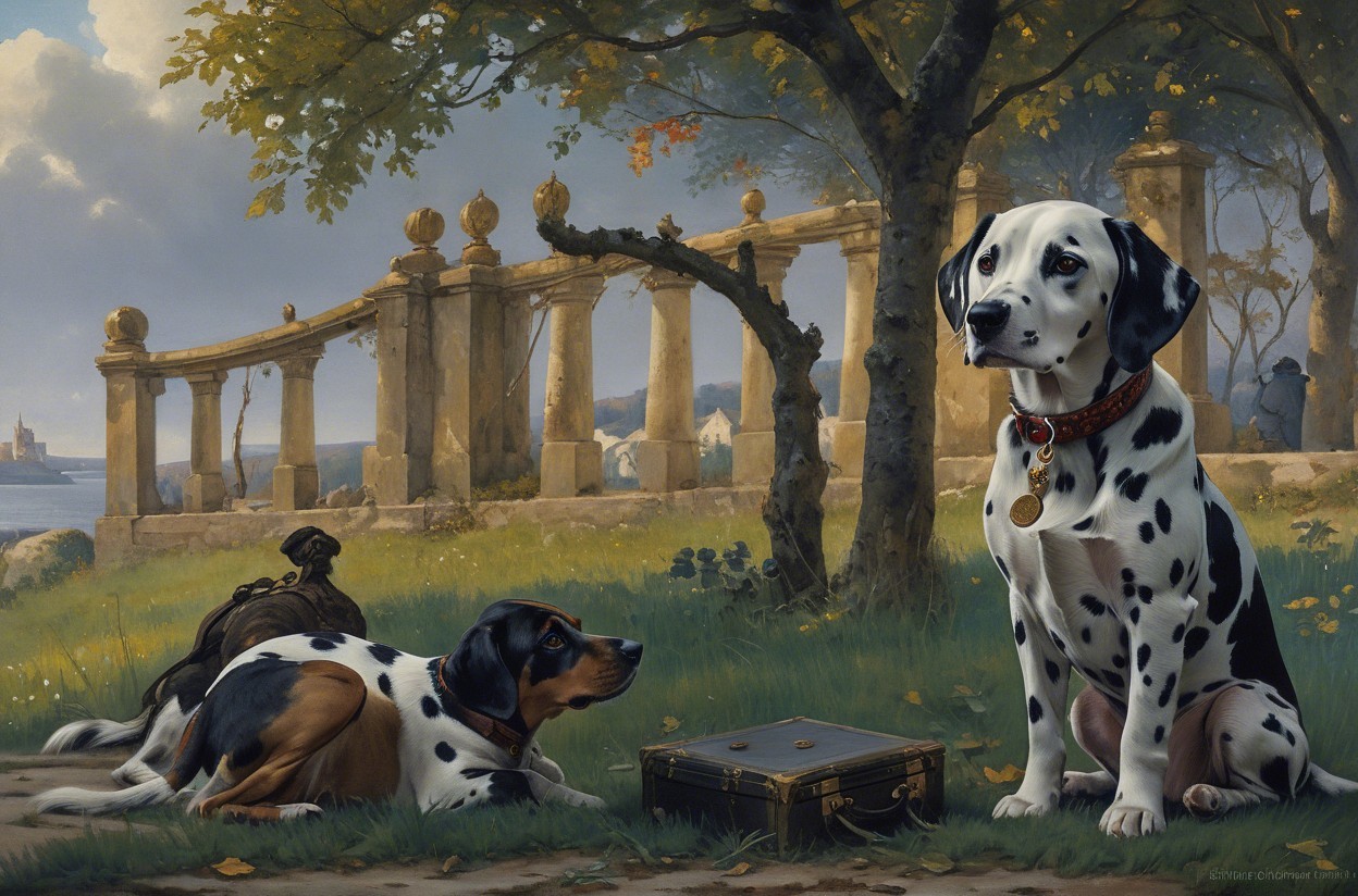 Dogs Under Tree in Serene Landscape with Stone Structure