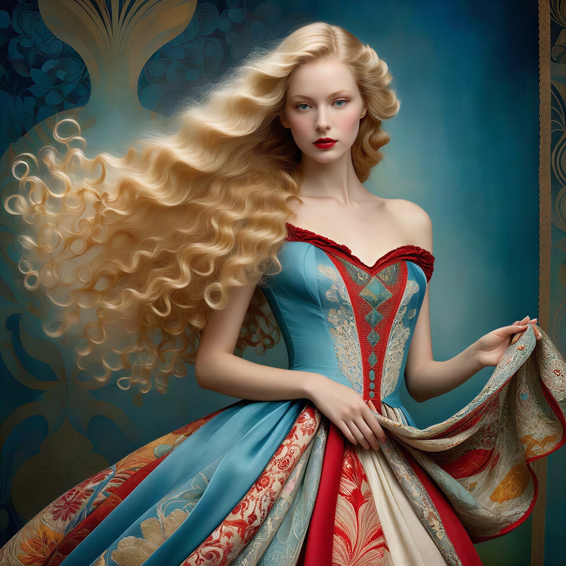 Art Nouveau Painting of Fair-Skinned Woman in Gown