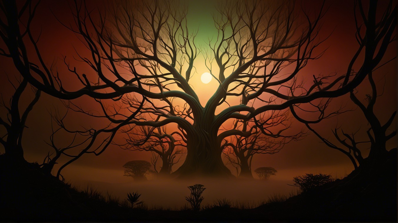 Gnarled Tree Silhouette Against Vivid Sunset Landscape