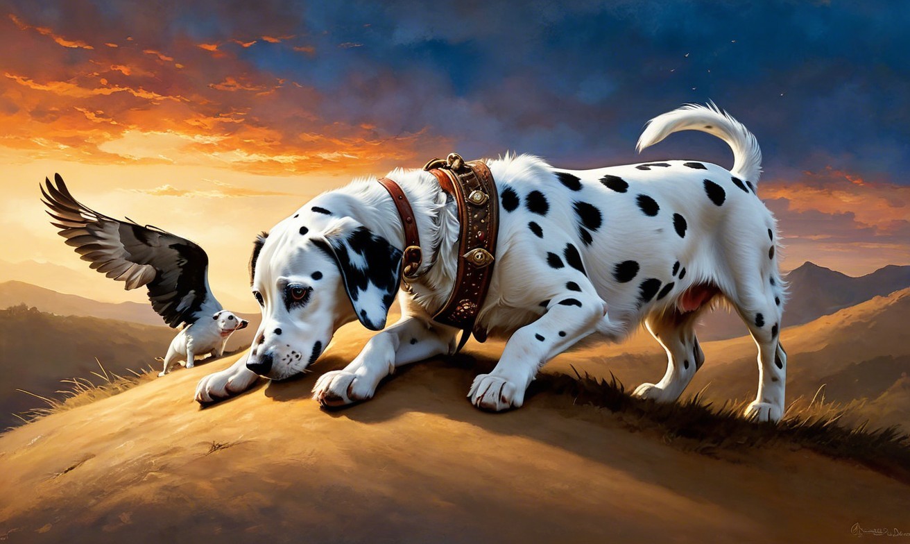 Dalmatian Puppy Playing on Grassy Hill at Sunset