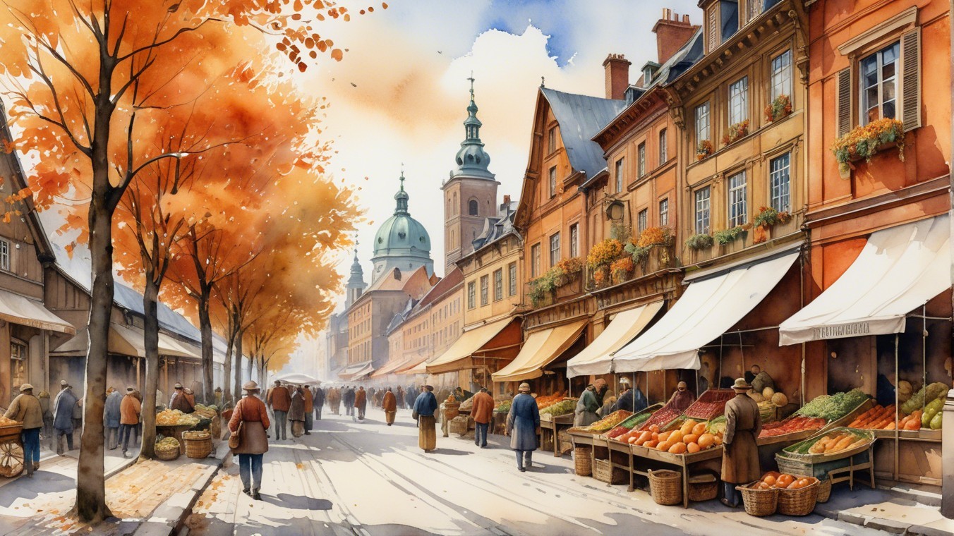 Vibrant Fall Market Scene with Cobblestone Streets