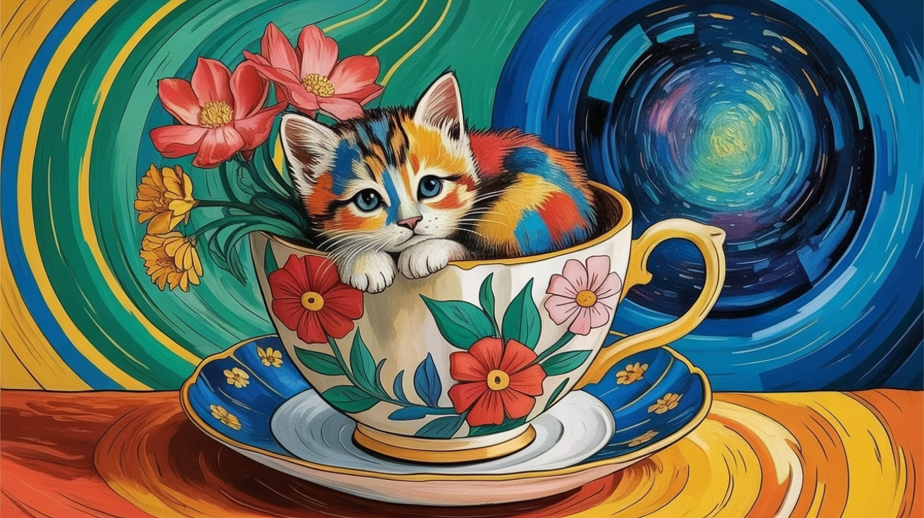 Colorful Kitten in Decorated Teacup with Flowers
