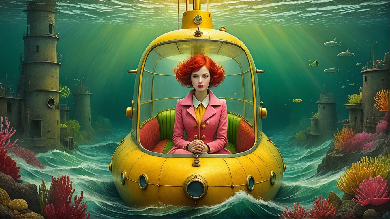 Underwater Scene with Yellow Submarine and Coral Life