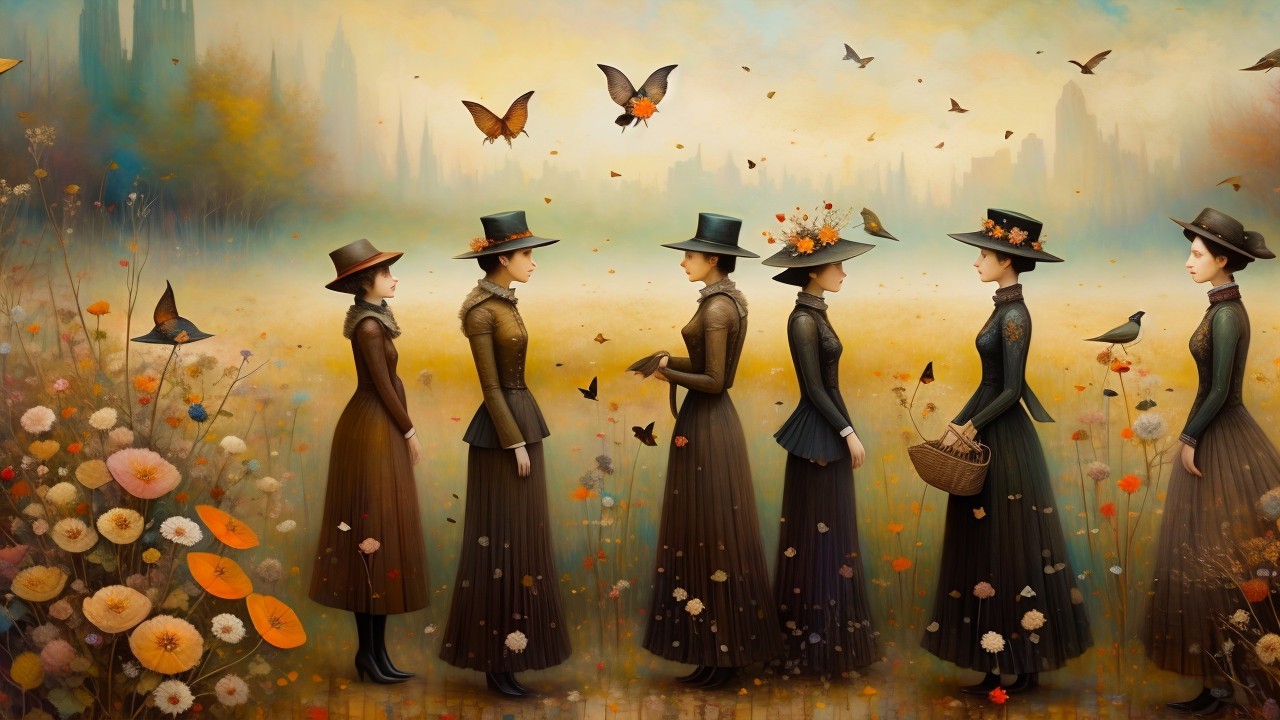 Whimsical Scene of Elegantly Dressed Women with Butterflies