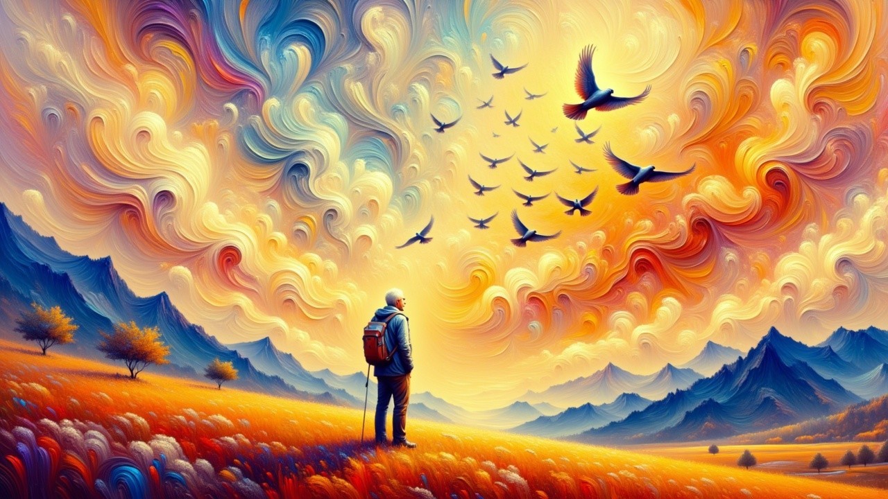 Solitary Figure in Vibrant Sunset Landscape