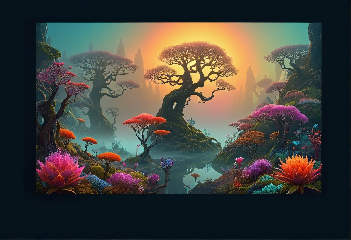 Vibrant Otherworldly Landscape with Towering Trees