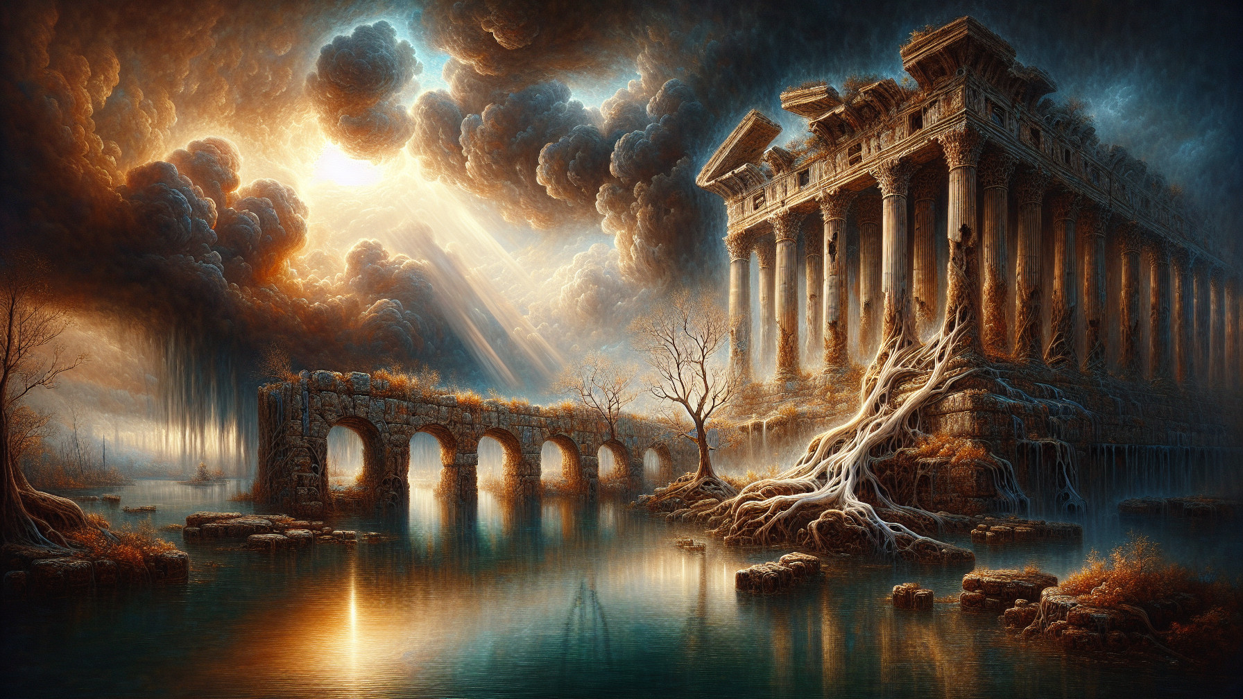 Ancient Temple Surrounded by Water and Dramatic Skies