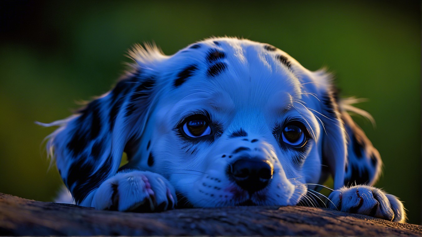 Playful puppy with black spots resting on a log