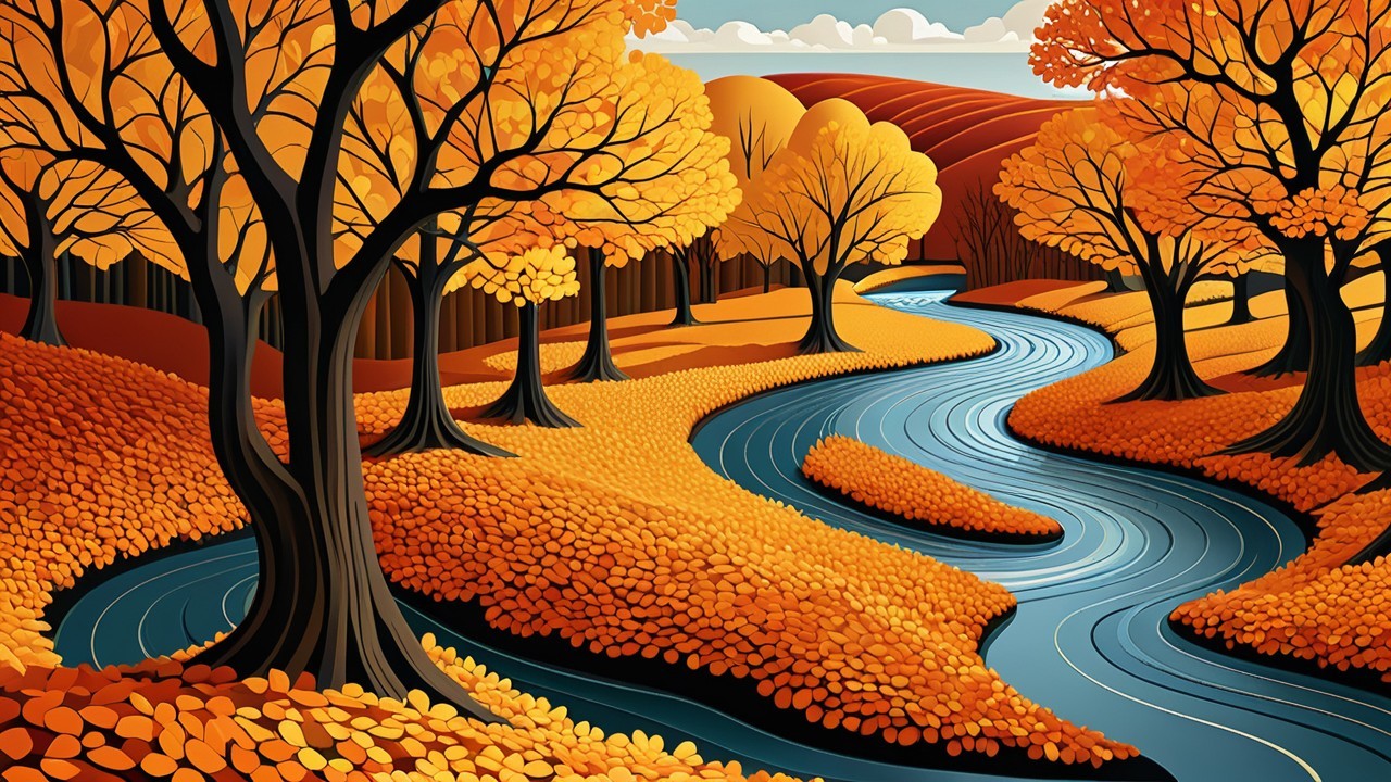 Autumn Landscape with River and Colorful Foliage