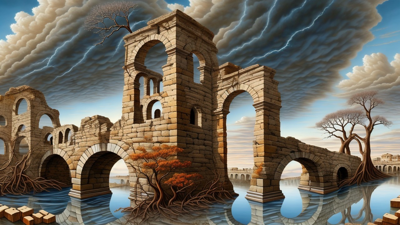 Surreal Landscape with Stone Arches and Reflective Water