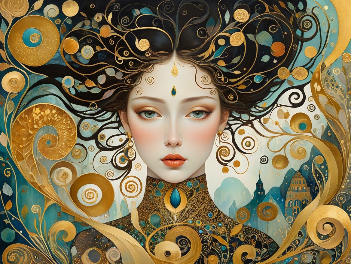 Serene Woman with Flowing Hair and Turquoise Background