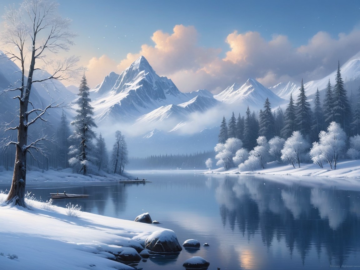 Serene Winter Landscape with Snow-Capped Mountains