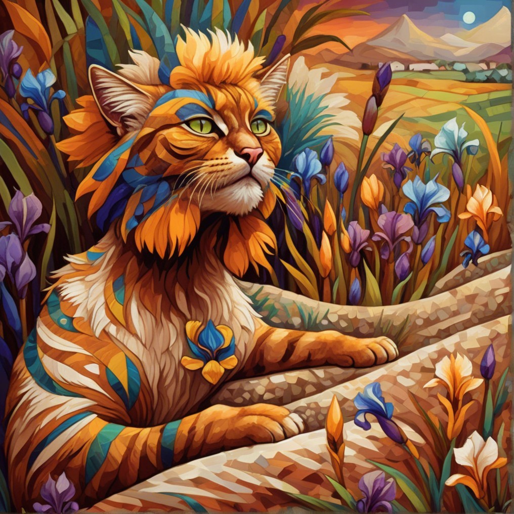 Stylized Cat in Colorful Flower Field at Sunset