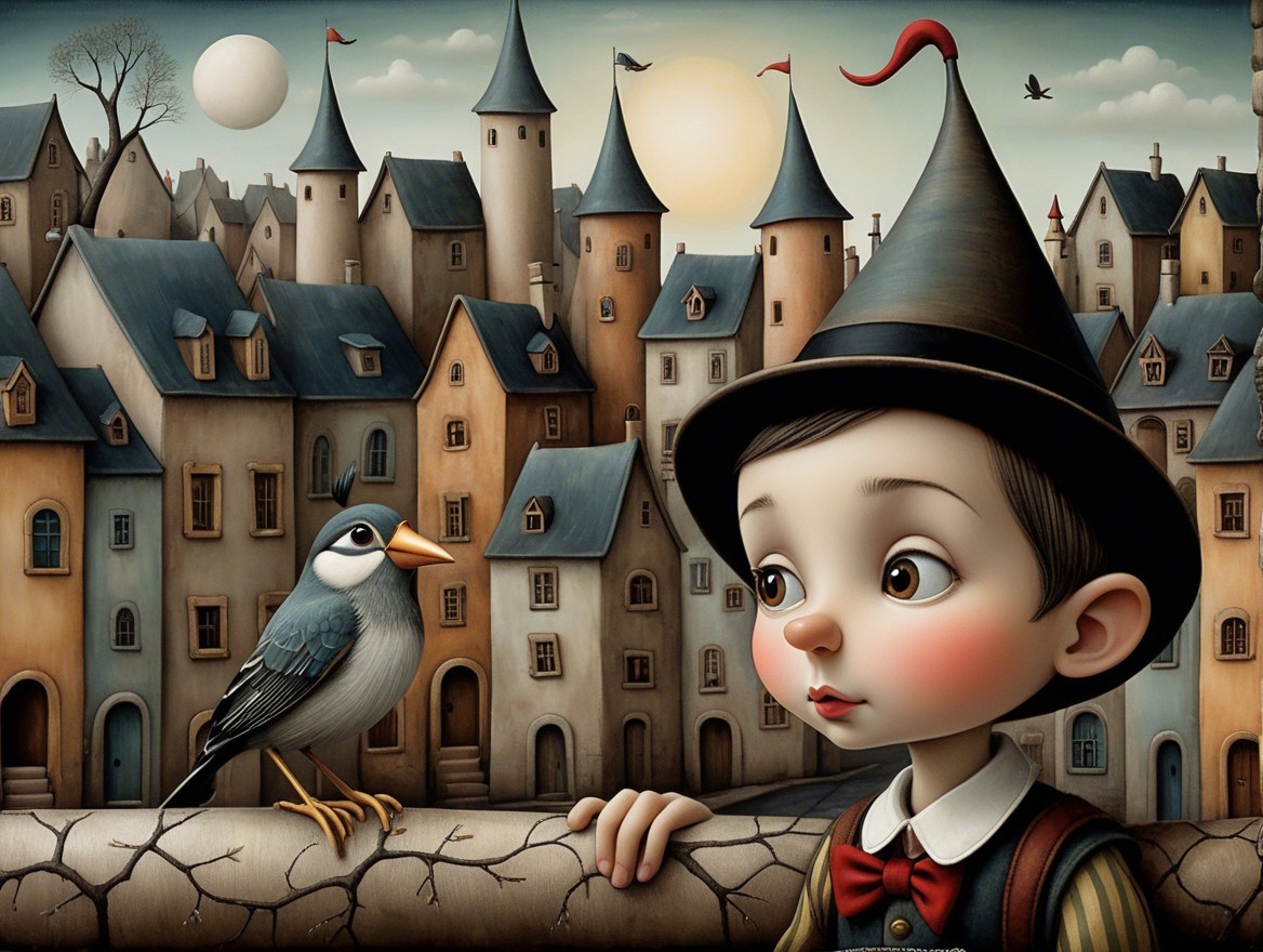 Young Boy with Black Hat and Blue Bird in Village