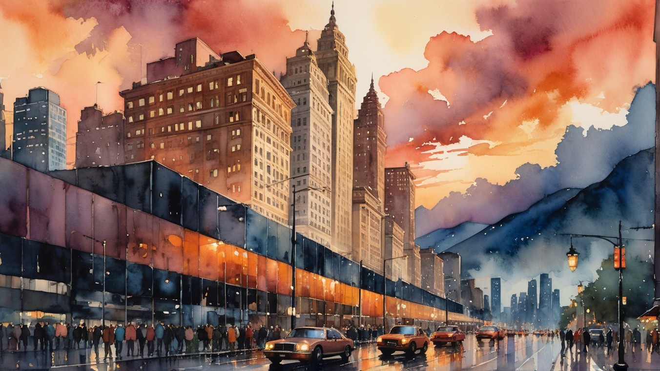 Vibrant Watercolor of a City at Sunset
