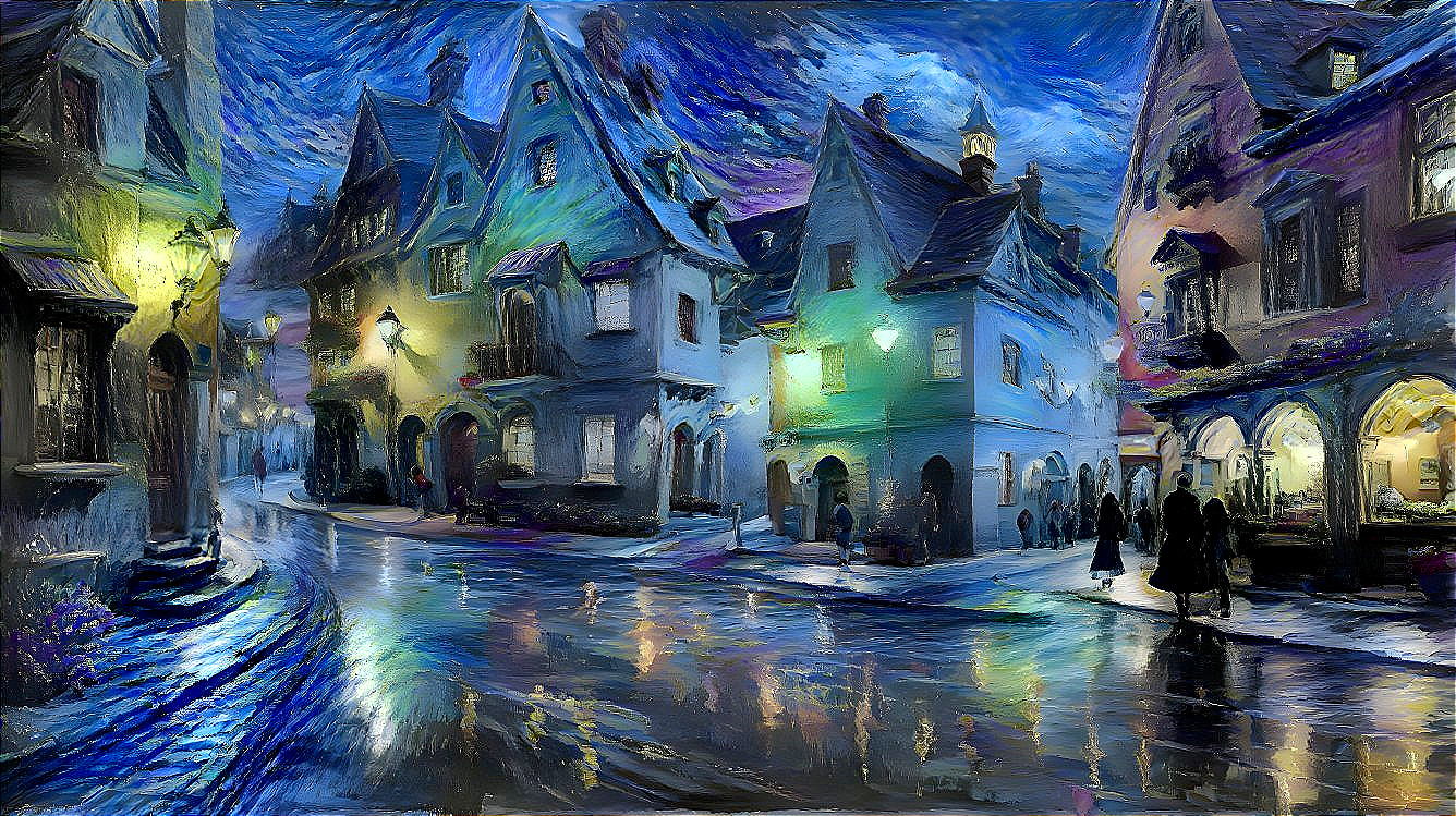 Twilight Cobblestone Street with Illuminated Buildings