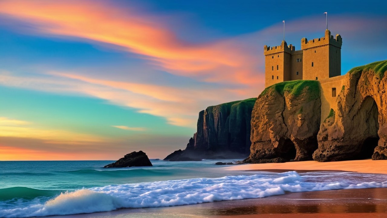 Castle on Cliff Overlooking Serene Beach at Sunset