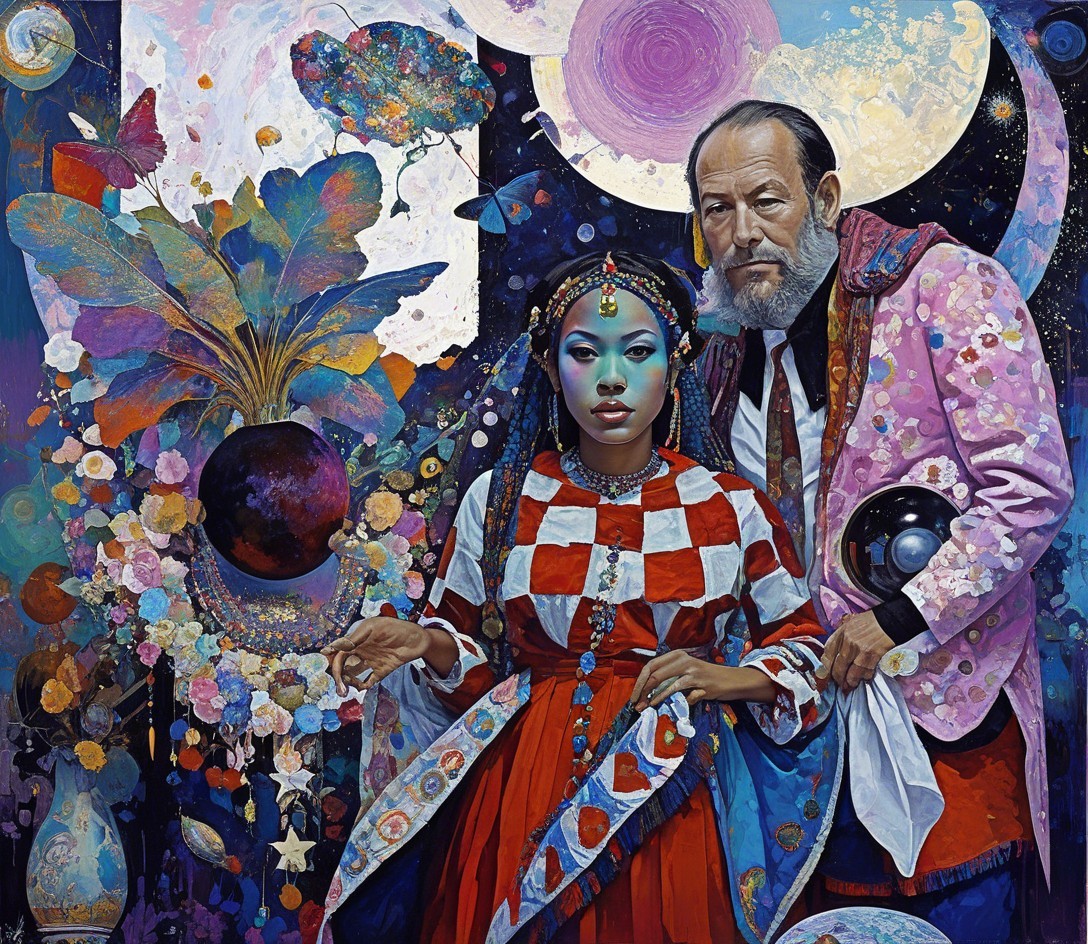 Figures in Cosmic Backdrop with Vibrant Colors