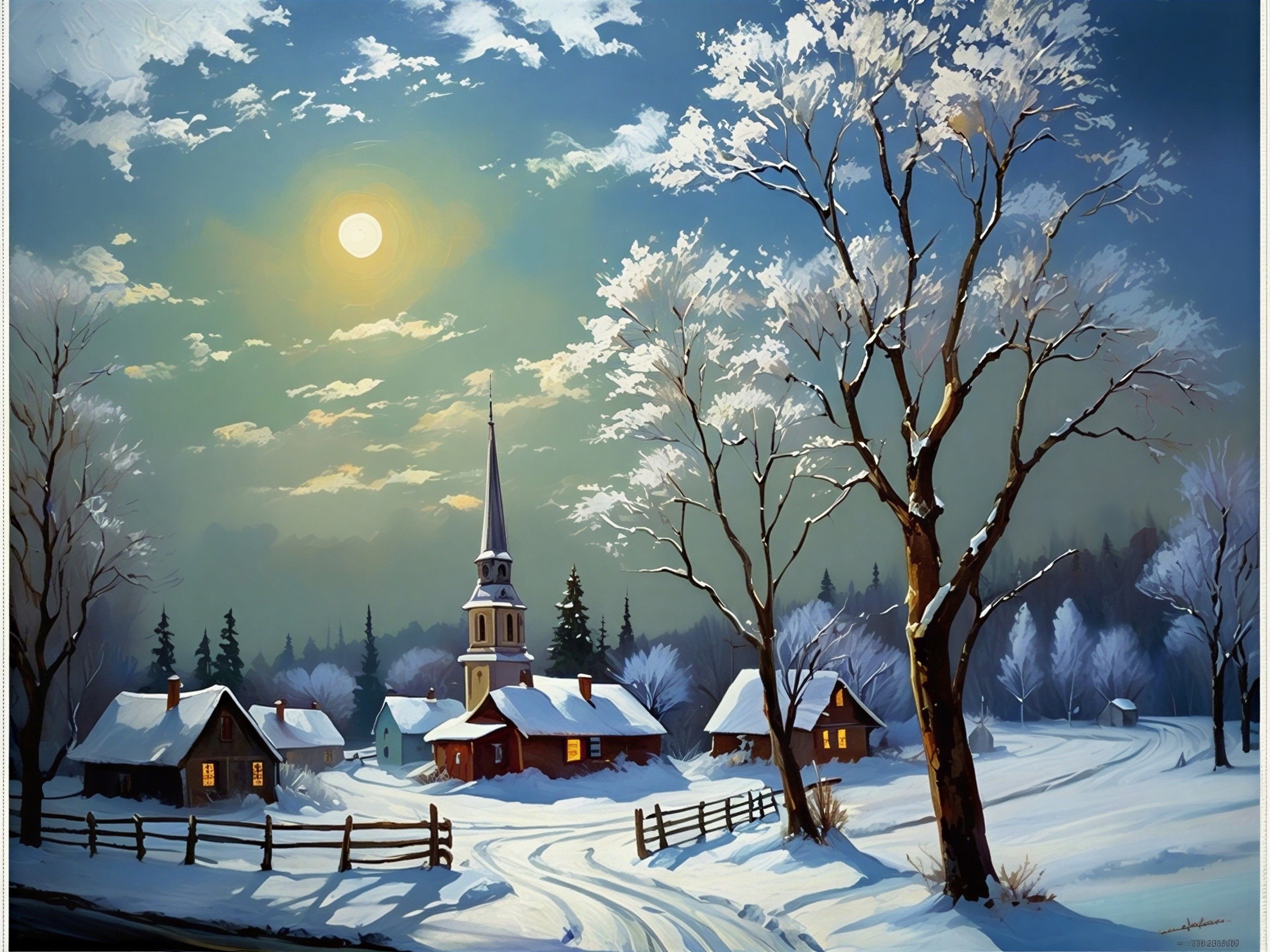 Serene Winter Landscape with Moonlit Village Scene