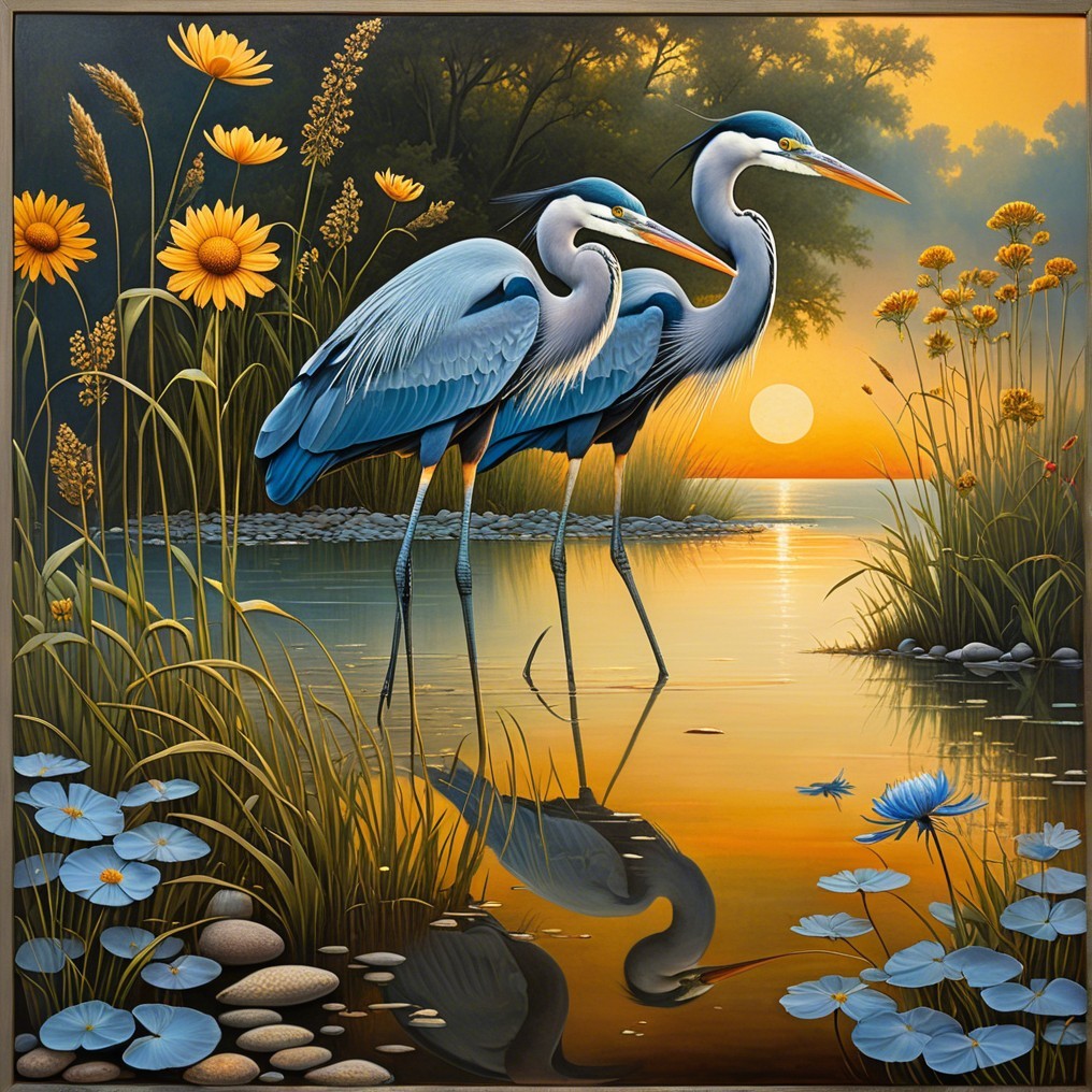 Herons in Sunrise Reflection Surrounded by Nature